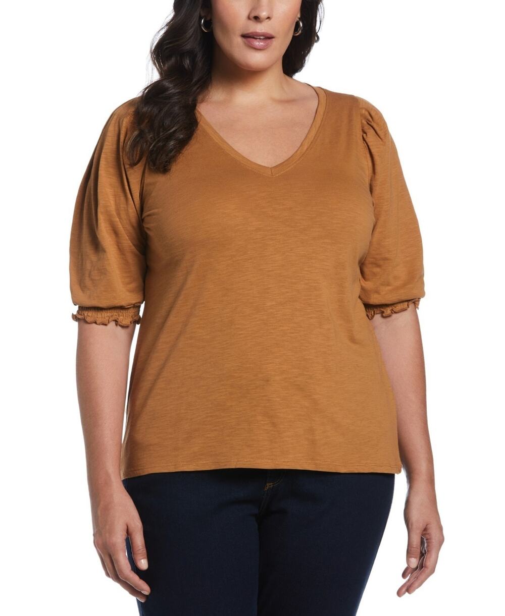ELLA Rafaella Plus Size Cotton Smocked Elbow Sleeve Top Brown Size 1X 3107